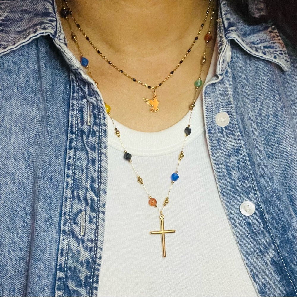 Colorful Natural Stone Bead Chain w Enamel Bead Dove Chain 18k Gold - Picture 4 of 4